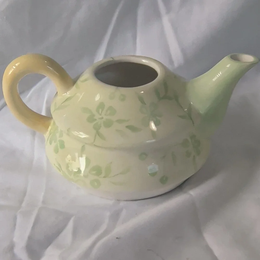 Tea For One Floral Ceramic Teapot Cup & Lid Set 3-Piece Boxed Green Pink